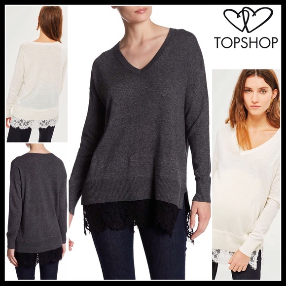TOPSHOP GREY BLACK LACE V-NECK TUNIC SWEATER - Picture 8 of 8